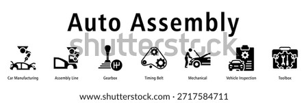 Auto Assembly web banner icon vector illustration with icons of Car Manufacturing, Assembly Line, Gearbox, Timing Belt, Mechanical, Vehicle Inspection and Toolbox.