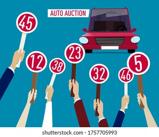 Auto Auction concept: Hands holding paddle with numbers