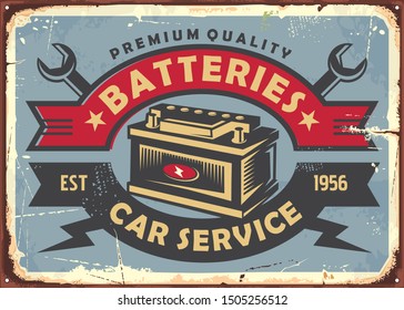 Auto batteries retro poster design for garage and auto parts. Vintage car service sign. Transportation vector illustration.