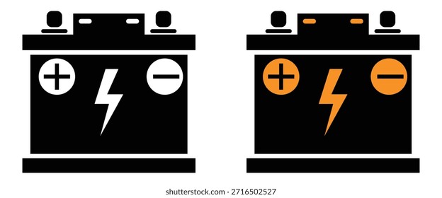 Auto-Batterie-Vektorsymbole, Auto-Akku und Netzteil-Symbol auf weißem Hintergrund.