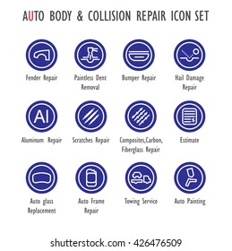 Auto Body & Collision Repair vector color icon set  (Fender,Bumper,Hail Damage,Aluminium,Scratches,Composites,Carbon,Fiberglass,Auto glass,Frame Repair,Auto Painting,Estimate, Towing Service) svg
