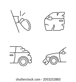 Auto body damage linear icons set. Broken view mirror. Scratches in vehicle exterior. Rear-end collision. Customizable thin line contour symbols. Isolated vector outline illustrations. Editable stroke