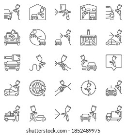 Auto Body Painting And Car Paint Spray Guns Outline Vector Concept Icons Set