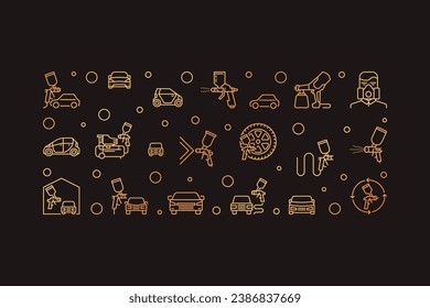 Auto Body Painting with Sprayers vector concept thin line golden horizontal illustration with dark background
