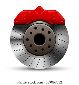 Auto brake disc and red caliper isolated on white, vector illustration