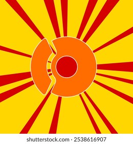 Auto brakes on a background of red flash explosion radial lines. The large orange symbol is located in the center of the sun, symbolizing the sunrise. Vector illustration on yellow background