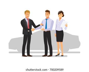 Auto Business, Car Sale, Deal,  Dealer Giving Key To New Owner And Shaking Hands  ,Vector Illustration 