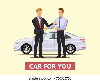 auto business, car sale, deal,  dealer giving key to new owner and shaking hands  ,Vector illustration 