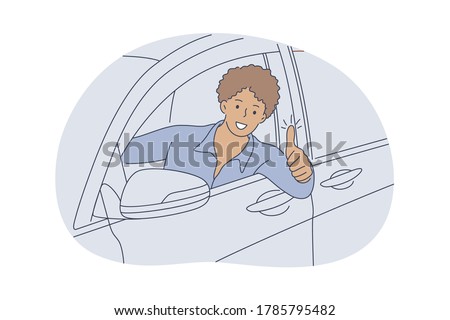 Auto, buy, driving, approval concept. Young happy smiling african american man guy cartoon character sitting in car showing like sign. Carsharing buying purchasing new transport vehicle illustration.