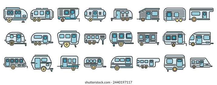 Auto camping icons outline vector. Home motor. Motorhome trailer thin line color flat isolated