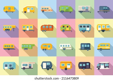 Auto Camping Icons Set Flat Vector. Home Motor. Motorhome Trailer