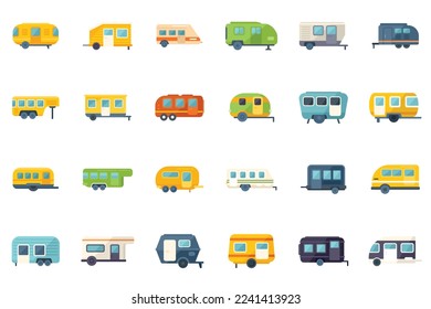 Auto camping icons set flat vector. Home motor. Motorhome trailer isolated