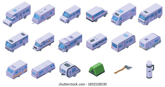 Auto camping icons set. Isometric set of auto camping vector icons for web design isolated on white background