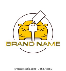 Auto car badge. Vehicle prototype icon. Emblem of the auto machine engine for your business. Logo of a motor car for an auto enterprise. Sign a automobile front view with your text brand name logo