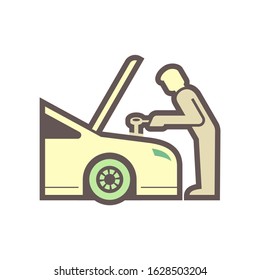 Auto car check vector icon. Include mechanic man, technician or repairman to open bonnet hood, work, looking for check up diagnose, inspection. Also engine oil change service, repair or maintenance.