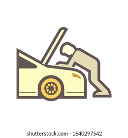 Auto car check vector icon. Include mechanic man, repairman or technician to open bonnet hood to work, looking for check up diagnose or inspection engine. Also service, fixing, repair or maintenance.
