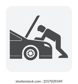 Auto car check vector icon. Include mechanic man, repairman or technician to open bonnet hood to work, looking for check up diagnose or inspection engine. Also service, fixing, repair or maintenance.