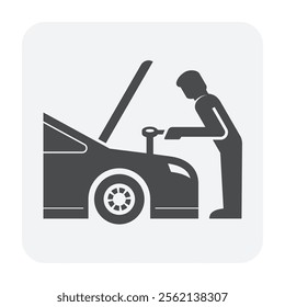 Auto car check vector icon. Include mechanic man, repairman or technician to open bonnet hood to work, looking for check up diagnose or inspection engine. Also service, fixing, repair or maintenance.