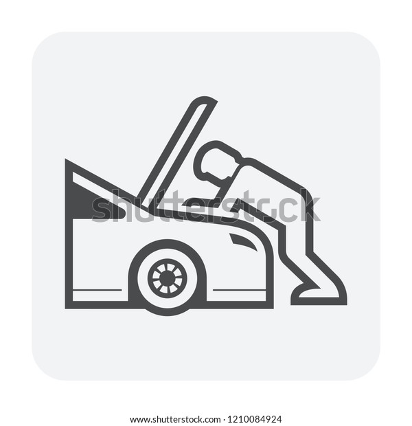 Auto car check vector icon. Include\
mechanic man, repairman or technician to open bonnet hood to work,\
looking for check up diagnose or inspection engine. Also service,\
fixing, repair or\
maintenance.\
