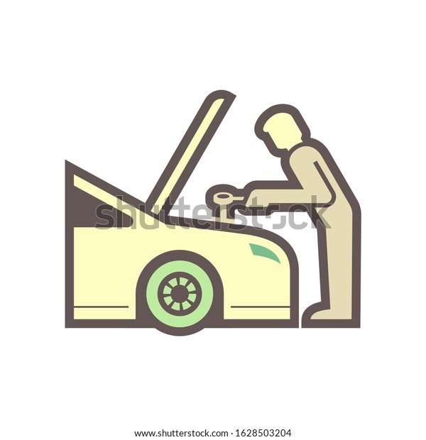 Auto car check vector icon. Include mechanic\
man, technician or repairman to open bonnet hood, work, looking for\
check up diagnose, inspection. Also engine oil change service,\
repair or maintenance.