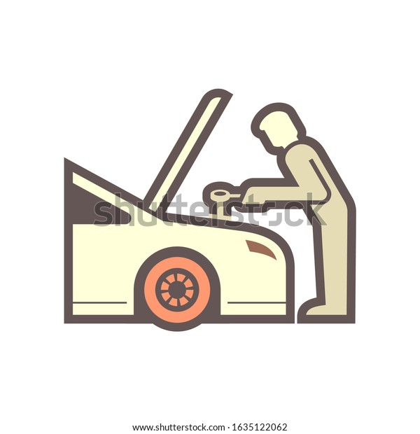 Auto car check vector icon. Include mechanic\
man, technician or repairman to open bonnet hood, work, looking for\
check up diagnose, inspection. Also engine oil change service,\
repair or maintenance.