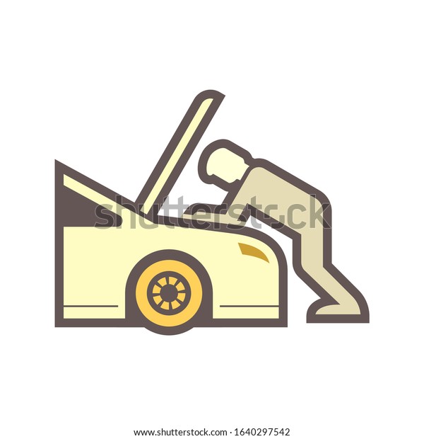 Auto car check vector icon. Include\
mechanic man, repairman or technician to open bonnet hood to work,\
looking for check up diagnose or inspection engine. Also service,\
fixing, repair or\
maintenance.\
