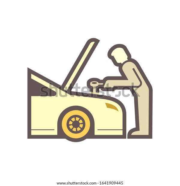 Auto car check vector icon. Include mechanic
man, technician or repairman to open bonnet hood, work, looking for
check up diagnose, inspection. Also engine oil change service,
repair or maintenance.