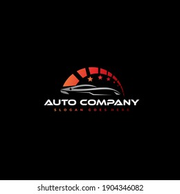 auto car icon - abstract vehicle silhouette, speedometer, and stars symbol. sign of automotive racing car business logo concept