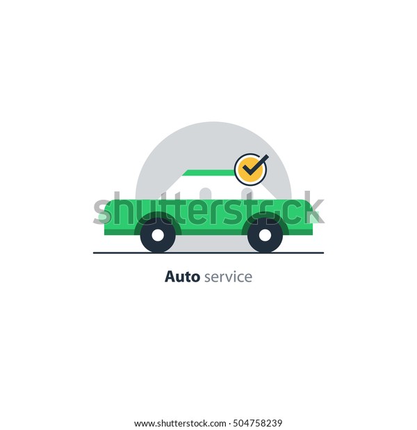 Auto car insurance concept,\
diagnostic services, well functioning vehicle. Green car in a\
circle with wrench and gear wheel. Flat design vector\
illustration