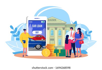 Auto car loan vector illustration. Cartoon tiny family people got bank approved credit for buying new automobile. Mortgage approval, business contract conclusion online concept icon isolated on white