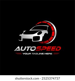 Logotipo do automóvel com um velocímetro na parte traseira do carro. Cor De Prata Vermelho Preto. Modelo de vetor editável