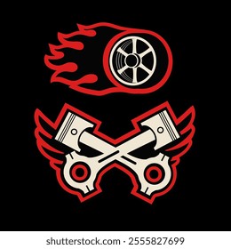 Auto car Logo. Streetwear auto racing logo. Car service station. Wheel, fire flame, cylinder heads emblem, motor engine vector illustration icon design
