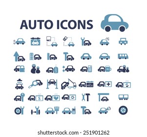 auto, car, mechanic flat isolated icons, signs, illustrations vector set on background