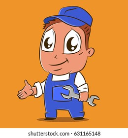 Auto car mechanic vector cartoon character for auto repair shop. Illustration with a man in a blue coverall with a wrench. Design for a logo or corporate style.