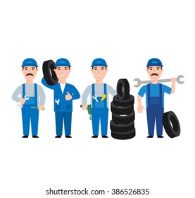 Auto Car Mechanics Set. Mechanic In Uniform With Tool Wrench Tires Isolated On White Background.car Service Worker.