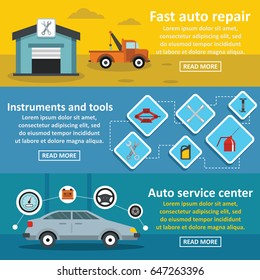 Auto car repair banner horizontal concept set. Flat illustration of 3 auto car repair vector banner horizontal concepts for web