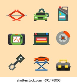 Auto car repair service symbols isolated shop worker maintenance transportation automotive mechanic vector illustration.