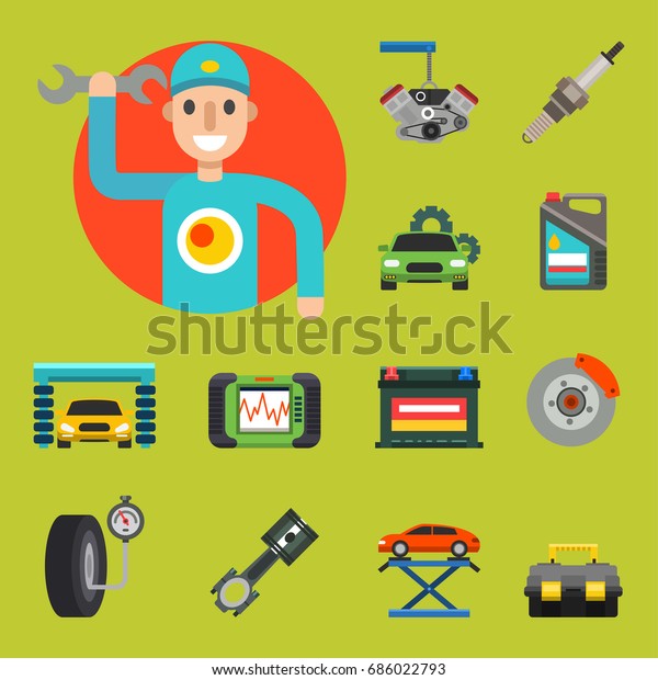 Auto car repair service symbols isolated\
shop worker maintenance transportation automotive mechanic vector\
illustration.
