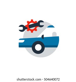 Auto car repair services, diagnostic concept, insurance policy, mechanic works. Blue car in a circle with wrench and gear wheel. Flat design vector illustration