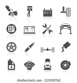 Auto car service icons black set of battery tires wheel engine brake repair isolated vector illustration.