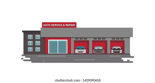 Auto Car Service And Repair Center Or Garage With Cars Isolated On White.vector Illustration.