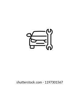 auto car service symbol; car with spanner; line black icon on white background