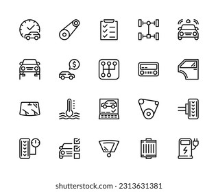 Auto-Service Vektor Linearsymbole Set. Tankstelle. Zeit, Preis, Signalisierung, Verkauf, Plattenspieler, Richtungsbildung, Auftrieb, Reparatur der Aufhängung; filtern und vieles mehr. Sammlung von Symbolen für den Autodienst.