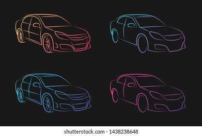 auto car in two versions gradient vector illustration. gradient vehicle outline perspective sketch isolated on black background