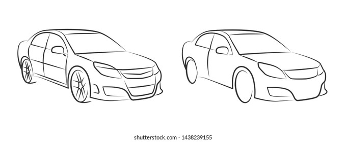 auto car in two versions monochrome vector illustration. black vehicle outline perspective sketch isolated on white background