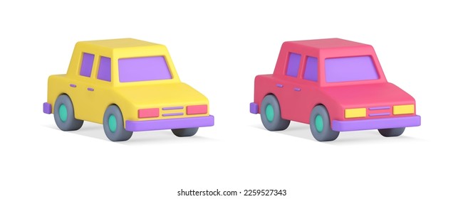 Auto car yellow pink city transportation passenger sedan automobile driving 3d icon set realistic vector illustration. Automotive vehicle engine for urban destination speed motor street travel carrier