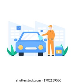 auto care, man washing and repairing car vector illustration, suitable for landing page, ui, website, mobile app, editorial, poster, flyer, article, and banner