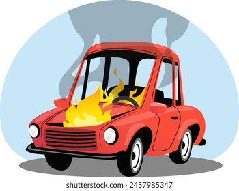 Auto caught on fire, automobile insurance against accidents. Stock vector illustration