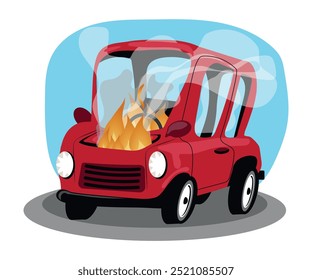 Auto caught on fire, automobile insurance against accidents. vector illustration.