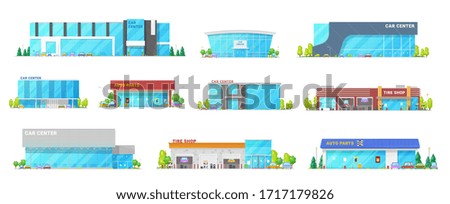 Auto center, car service and automotive mechanic station buildings, vector flat icons. Modern buildings of vehicle tires and spare parts shop, automotive restoration and diagnostics garage workshops